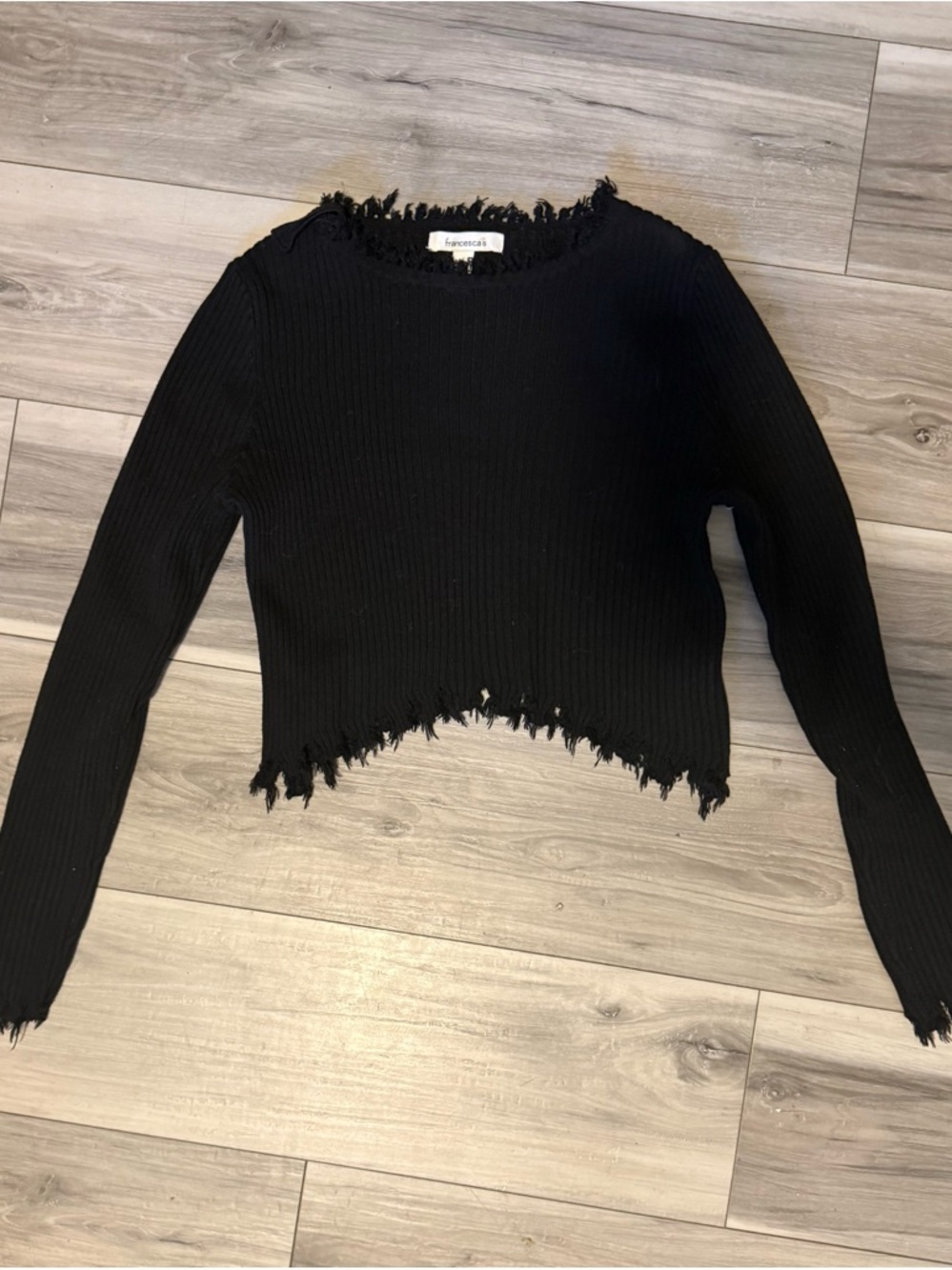 Francesca's Collections Black Distressed Ribbed Long-Sleeve Sweater